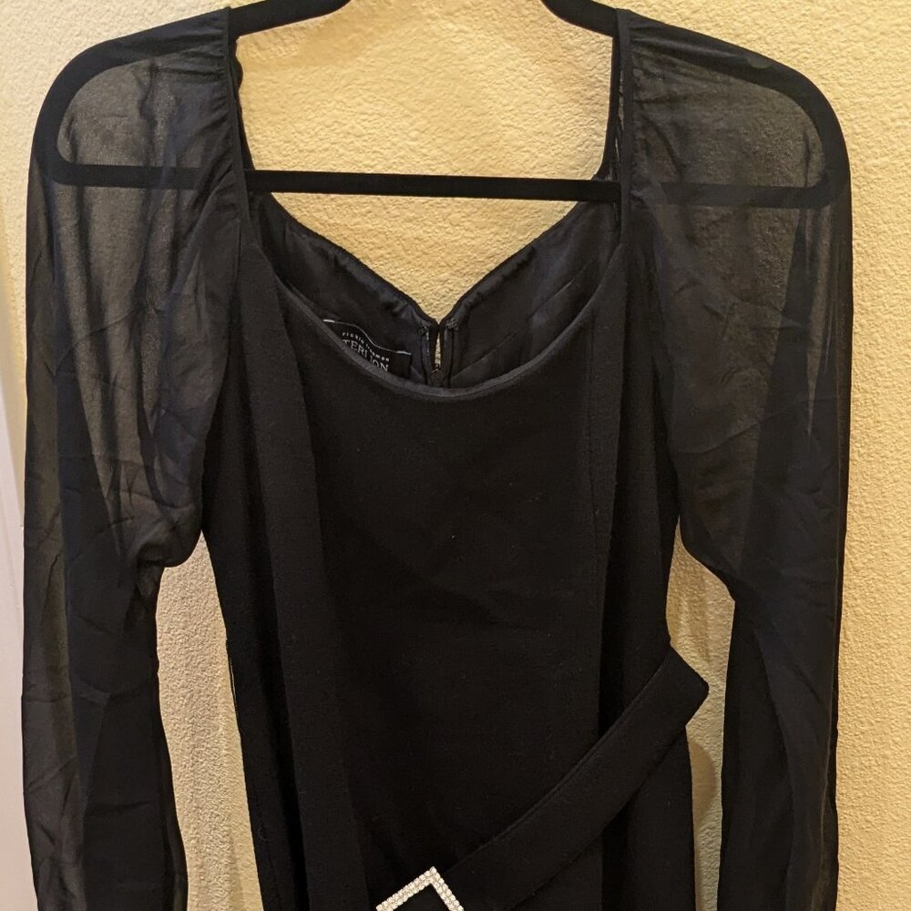 Rickie Freeman for Teri Jon Black Midi Dress with Sheer Long Sleeves